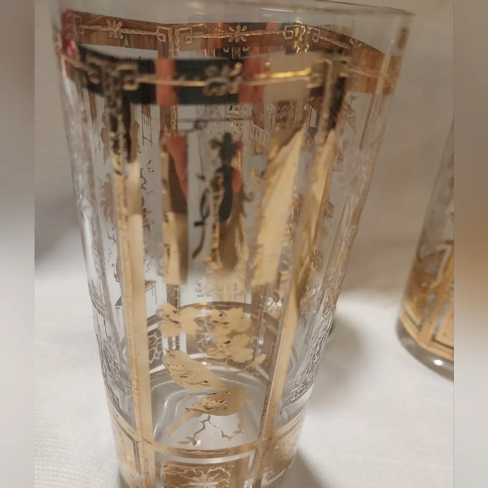 Culver Mid Century 22K Gold Chinoiserie Design Set of Four Highball Glasses